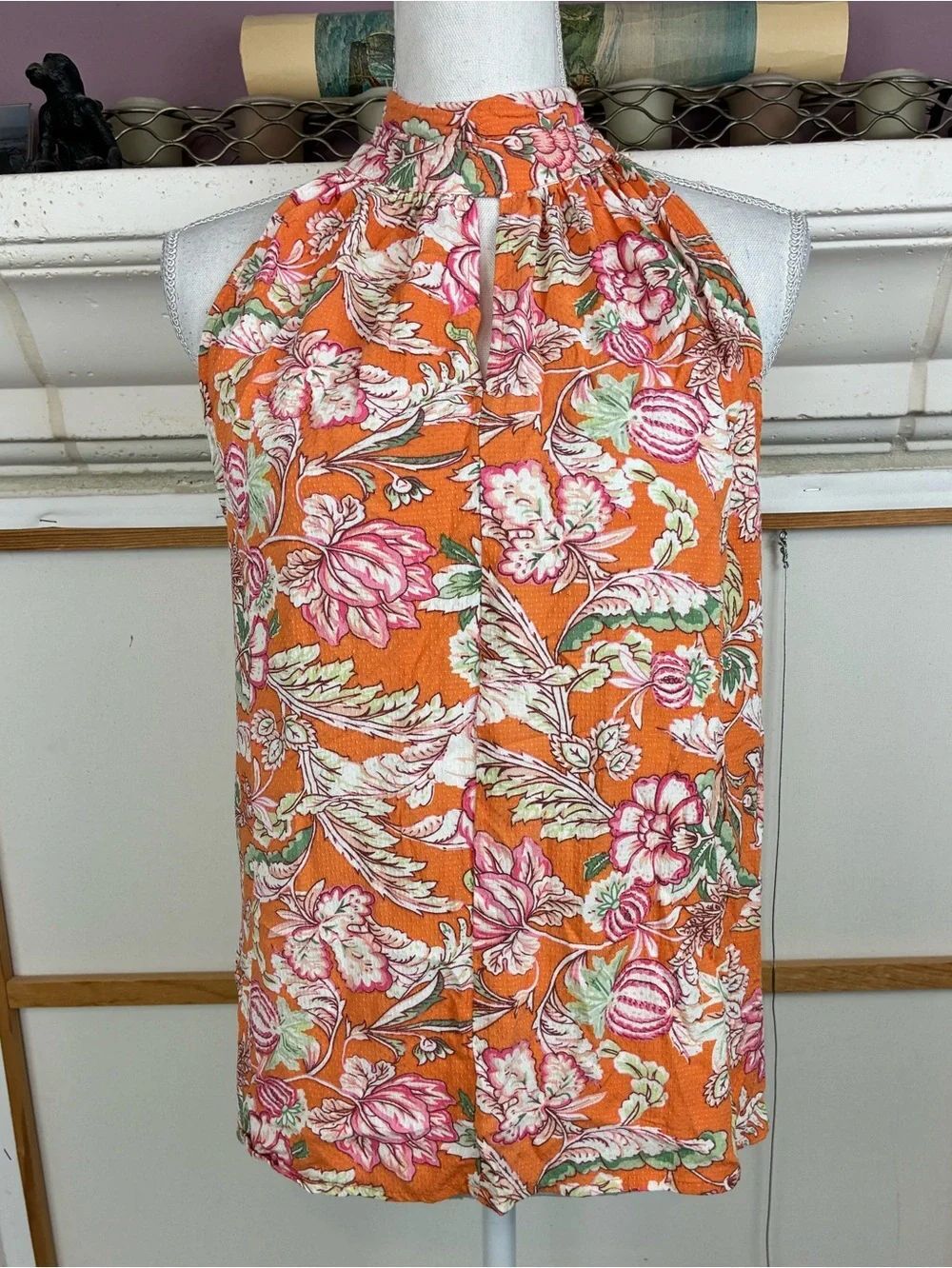 RACHEL Rachel Roy Orange Floral Halter Top w/ high neck keyhole front & back